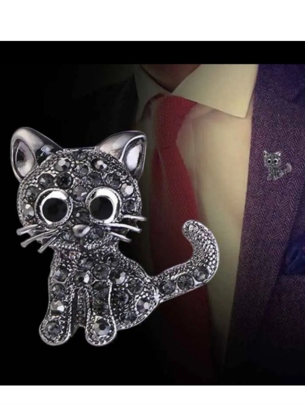 🆕️🐈‍⬛ SILVER-TONE & JET CRYSTAL CAT BROOCH / PIN🐈‍⬛